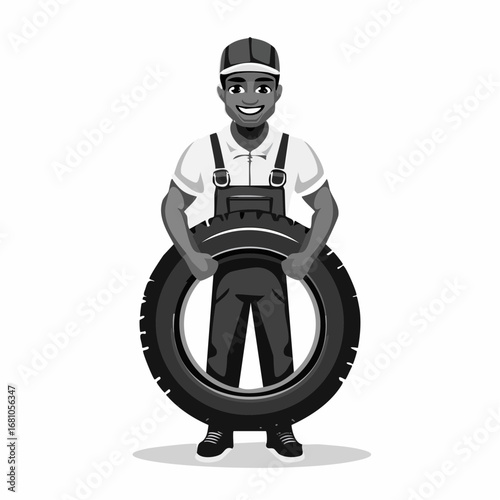 Full length portrait of a car mechanic holding a tire image vector isolated on white background.