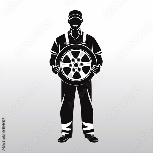 Full length portrait of a car mechanic holding a tire image vector isolated on white background.