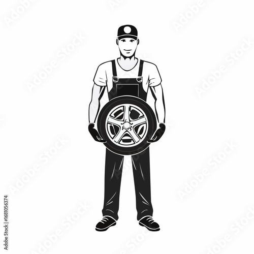 Full length portrait of a car mechanic holding a tire image vector isolated on white background.