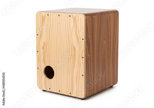 A professional wooden cajon box drum, a versatile percussion instrument for acoustic music and rhythmic performance, isolated on a clean white background