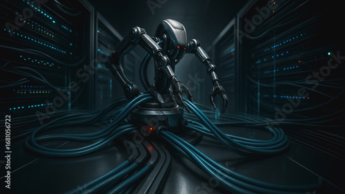 Wallpaper Mural Digital Sentinel: A robotic guardian oversees a complex data center, its mechanical form amidst a web of cables, embodying technological prowess and digital protection. Torontodigital.ca