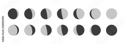 Moon phases cycle illustration — from new moon to full moon and back. Educational astronomy concept, minimal style, isolated on white background.