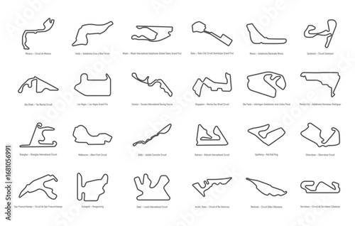 Minimalist grid of 24 iconic Formula 1 circuit outlines from around the world, perfect for motorsport fans and racing-themed design projects.