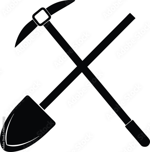 Clean silhouette of a pickaxe and shovel on a white background for design projects