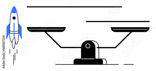 Rocket launching beside a balance scale symbolizing innovation, entrepreneurship, and balance. Ideal for startup, strategy, progress, decision-making, growth, opportunity simple flat metaphor