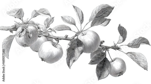 A white chalk-style drawing of an apple branch with leaves and fruit, engraved look in horizontal layout, isolated on transparent background.
