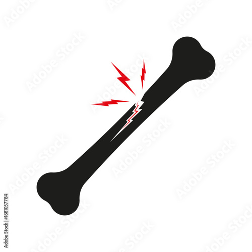 Broken bone icon. Black silhouette with white fracture and red pain symbols. Medical illustration for injury, trauma, or orthopedic concepts.