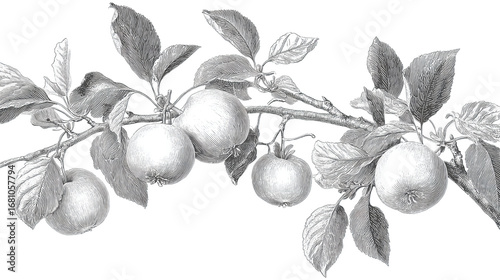 A white chalk-style drawing of an apple branch with leaves and fruit, engraved look in horizontal layout, isolated on transparent background.
