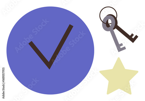 Blue circle with check mark, metal keys, and yellow star emphasize accomplishment, security, and approval. Ideal for success, completion, goals validation access achievement trust. Simple flat