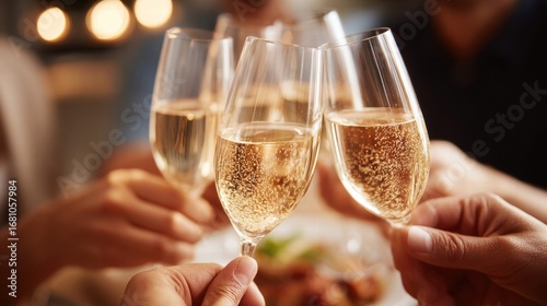 Group of friends raising champagne glasses in a toast at a party.