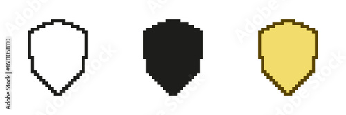 Pixel Art Shield Icon Set. Pixelated Symbol of Protection, Security, and Safeguard. Isolated Vector Illustration