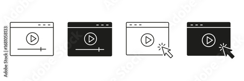 Video Player Interface With Cursor Click Line And Solid Icon Set. Online Media Playback And User Interaction Symbol Collection. Digital Streaming And Multimedia Control. Isolated Vector Illustration