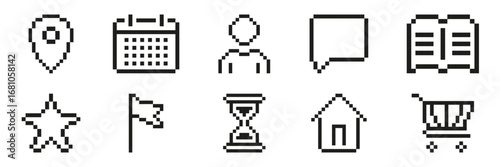 Pixel Art Icon Set Featuring Location, Calendar, User, Chat, Book, Star, Flag, Hourglass, House, And Shopping Cart. Versatile Symbol Collection For Digital Applications. Isolated Vector Illustration