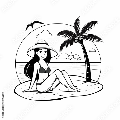 Female Relax On Sea Sand Beach Travel Image vector Illustration on white background.