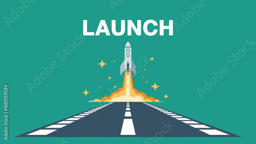 A cartoon rocket ship launching on a runway with the word launch above it and stars around it on green background