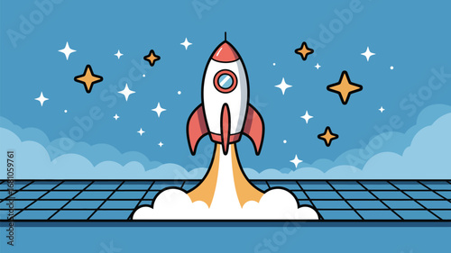 A cartoon rocket ship launching into a blue sky with stars and clouds above a grid surface area