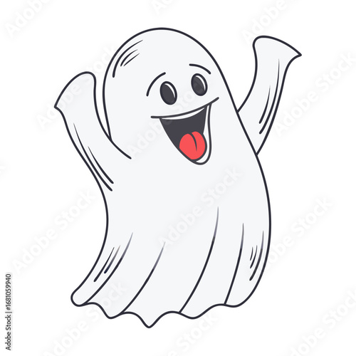 A happy cartoon ghost with its arms raised in excitement and joy freely