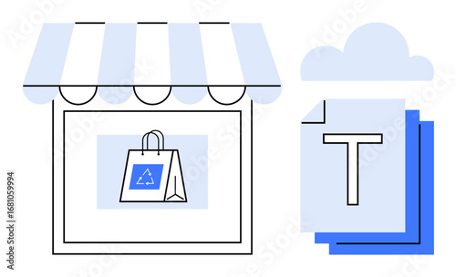 Shopfront with eco-friendly bag, recycling symbol, and cloud-stored documents. Ideal for e-commerce, sustainability, document storage, cloud computing, retail management, digital business simple