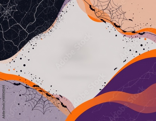 Wallpaper Mural modern abstract halloween invitation design with jagged black textures, soft orange curves, subtle purple gradients, balanced minimal layout, spooky modern aesthetic. Torontodigital.ca