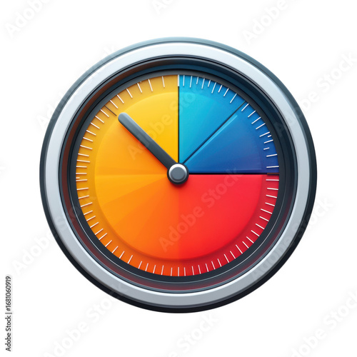 Colorful clock face with segmented sections showing time management and productivity concepts for business and personal use a visual timer tool on transparent background