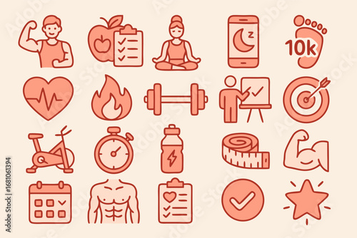 Fitness and Wellness Icon Set - Outline Style