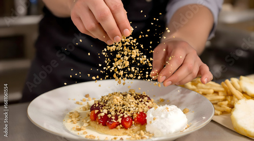 Delicious dessert creation in progress as chef sprinkles chopped nuts over a strawberry tart with ice cream, perfect for food blogs and culinary promotions