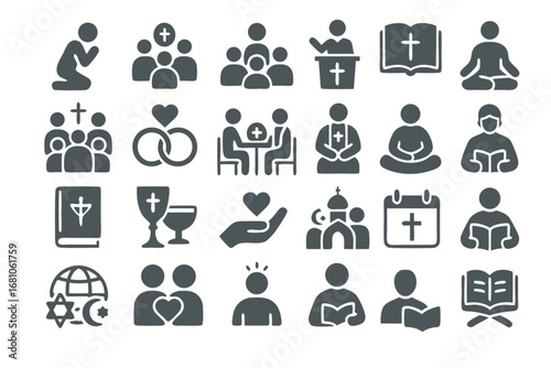 Religious and Spiritual Symbols Vector Icon Set - Christianity, Judaism, Islam, Interfaith, Meditation