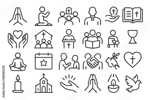 Christian Icons Line Art, Religion, Faith, and Church Elements