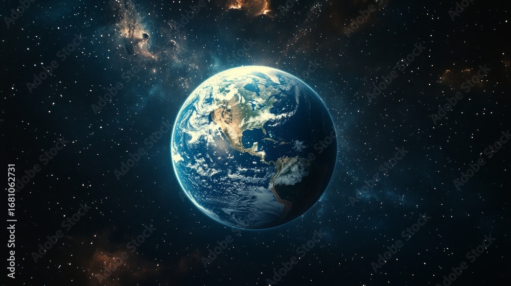 Obraz premium Planet Earth against the backdrop of the starry sky, emphasizing the beauty and fragility of our planet. In demand for environmental projects, educational materials about space 