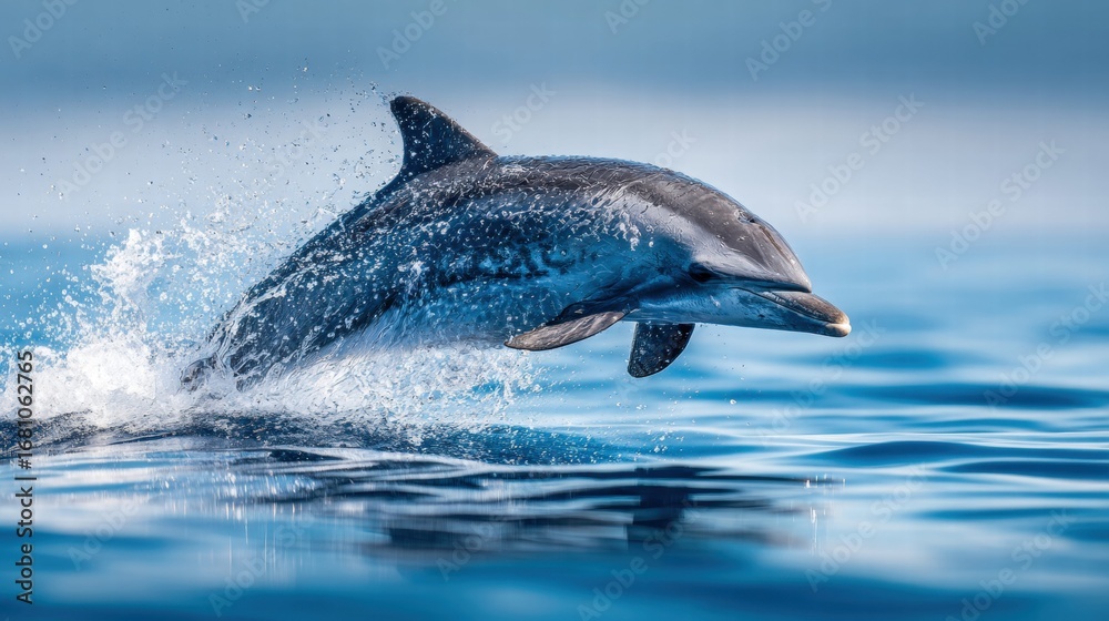 Naklejka premium A dolphin gracefully leaps from the water, creating a stunning splash in the vast ocean.