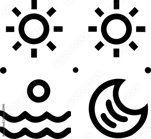 Line art icons representing day and night, featuring suns, a rising sun over water, and a crescent moon.