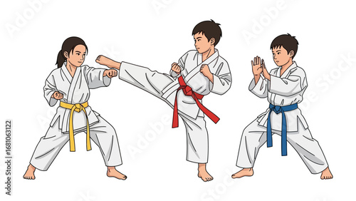 Karate Kids: An illustration capturing three young karate practitioners in dynamic stances, showcasing the art of discipline and strength through their focused training.