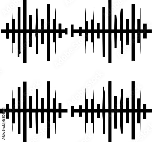 Black and white graphic representation of four distinct audio waveforms, showing sound variations.