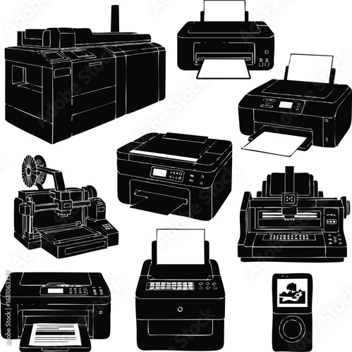 create need a kinds of different printer device victor art silhouette on white Background
