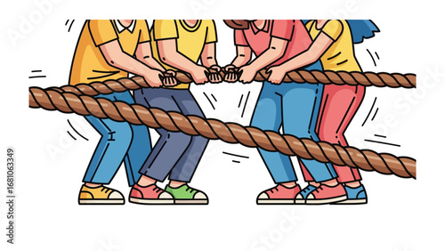 Tug-of-War: A vibrant illustration captures the intense action of a tug-of-war, where two teams strain against each other, embodying the essence of teamwork, competition.