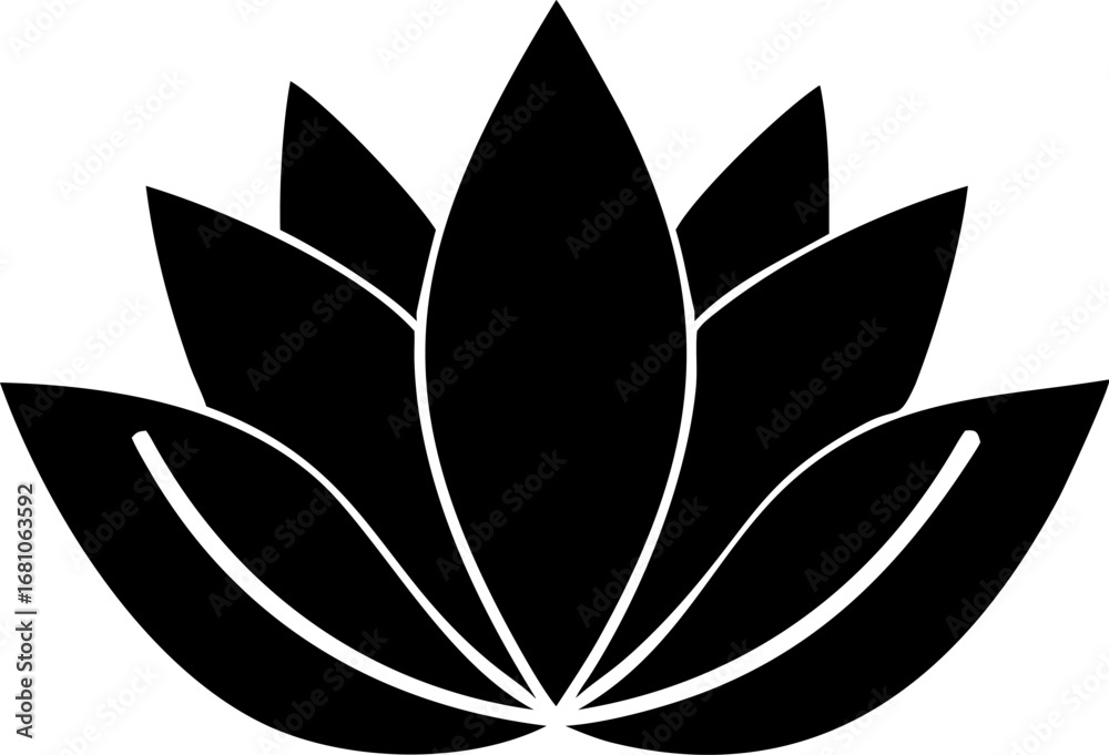 Fototapeta premium Black silhouette of a blooming lotus flower design providing strong visual balance isolated on a white background for design.
