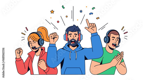 Victory of Gamers: Energetic gamers celebrate a triumphant moment. The digital artwork captures their exhilaration. They wear headsets and celebrate the accomplishment.