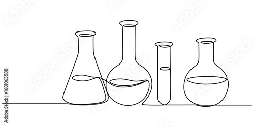 lab chemical glass continuous one line drawing, Minimalist glassware for laboratory research, Laboratory glass equipment sign, Flask and beaker and laboratory test tube., Medical And Healthcare Icon.