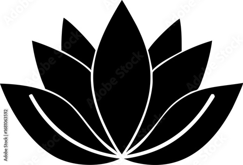Black silhouette of a stylized lotus flower with multiple petals, representing purity and enlightenment.