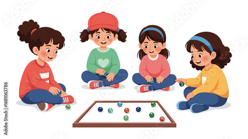 Friendship Game Time: Four young girls gather around a game, showcasing the delight of playing together, embodying friendship, fun, and connection.