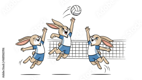 Dynamic Play: A vibrant illustration captures playful bunnies passionately engaged in a thrilling volleyball match, showcasing teamwork and competitive spirit in a lighthearted scene.