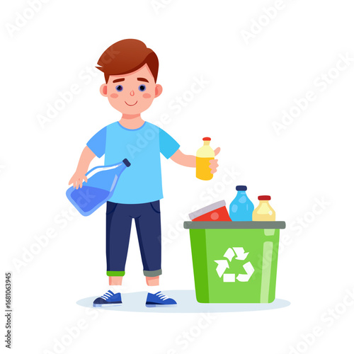 Cute boy sorting trash and garbage for recycling. The boy found the proper container for glass waste. Eco and environment friendly eduction. Vector illustration in flat style See Less