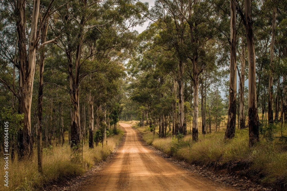 Obraz premium An image of an unpaved path in the Australian wilderness flanked by towering eucalyptus trees