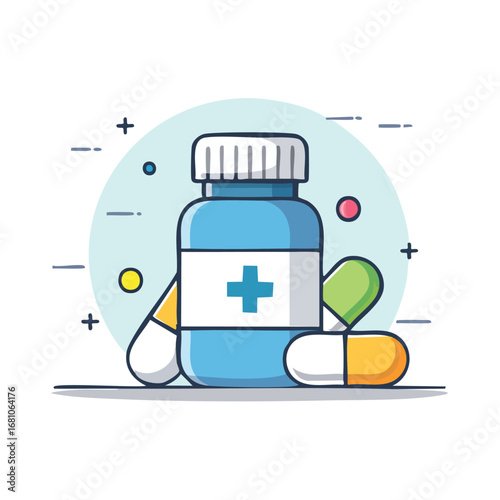 Healthcare and medicine concept illustrated with a blue pill bottle and colorful capsules, a flat design icon for pharmaceutical and treatment themes