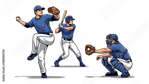 Baseball Action Sequence: Dynamic illustration showcasing a pitcher winding up, a batter poised to swing, and a catcher ready to receive, depicting the fast-paced excitement of baseball.