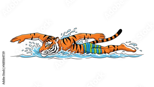 Swimming Tiger: A vibrant illustration of a tiger playfully immersed in water, showcasing its athletic prowess as it gracefully navigates the aquatic element in an animated representation.