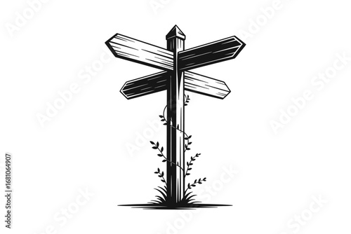 Rustic wooden signpost with leafy vines growing around the base