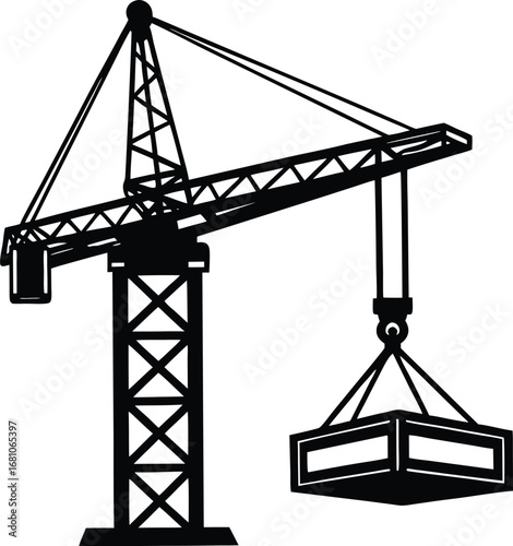 Silhouette of a construction crane lifting a steel beam for building projects