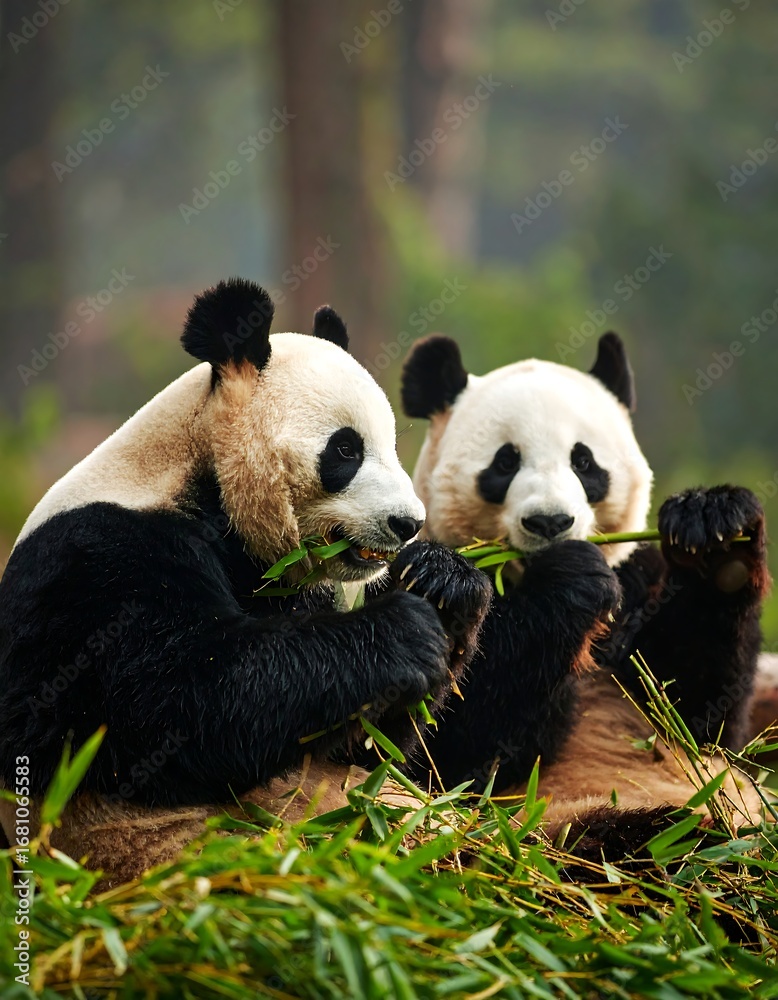 Fototapeta premium Pandas Eating Bamboo in Forest
