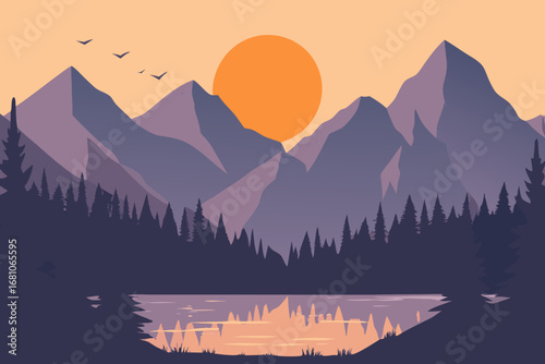 sunset over mountains with calm lake reflecting sky